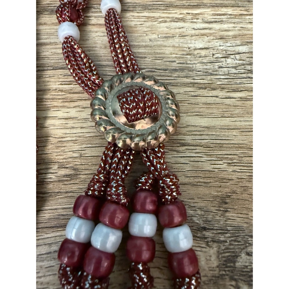 Handmade Beaded Bolo Tie Necklace Sparkly Red Wht Plastic Beads Cowgirl Costume - Picture 5 of 7